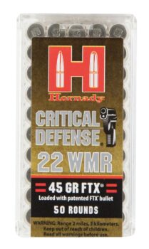 Hornady Critical Defense 22 WMR ammunition, 50 rounds of 45 GR FTX bullets for optimal performance and reliability.