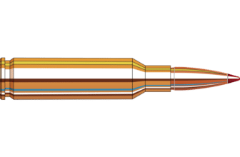 Detailed illustration of a bullet, showcasing its brass casing and red-tipped projectile on a black background.