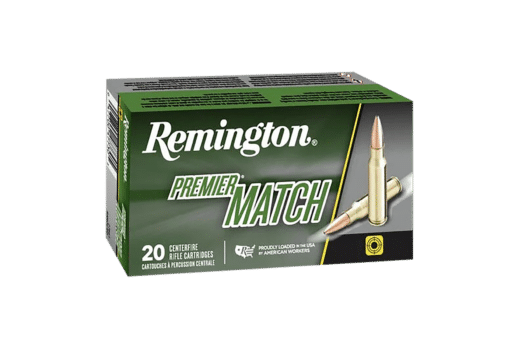 Remington Premier Match ammunition box with 20 centerfire rifle cartridges, showcasing quality for precision shooting.