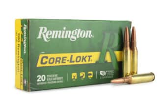 Remington Core-Lokt .260 Remington cartridges in a green box with three cartridges displayed in front.