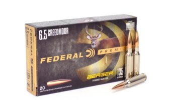 Box of Federal Premium 6.5 Creedmoor Berger Hybrid Hunter ammunition with cartridges displayed for hunting and shooting sports.