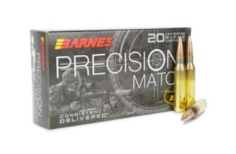 Barnes Precision Match ammo box with two cartridges, designed for consistent and accurate shooting performance.