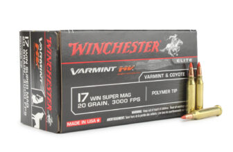 Winchester Varmint HV ammunition box with .17 Win Super Mag cartridges, featuring polymer tips for high velocity performance.