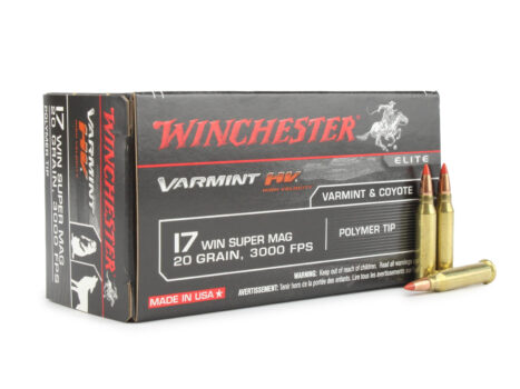 Winchester Varmint HV ammunition box with .17 Win Super Mag cartridges, featuring polymer tips for high velocity performance.