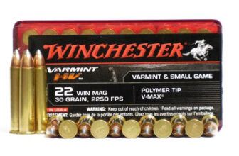 Winchester Varmint HV 22 Win Mag ammunition with polymer tip, ideal for varmints and small game hunting.