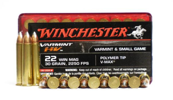 Winchester Varmint HV 22 Win Mag ammunition with polymer tip, ideal for varmints and small game hunting.